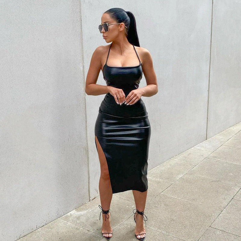 Backless Lace-Up Faux Leather Mini Dress